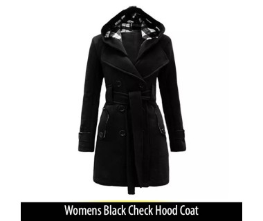 Womens Black Check Hood Coat